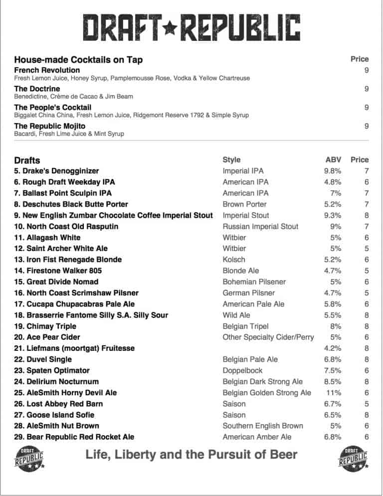 draft republic beer & cocktail menu