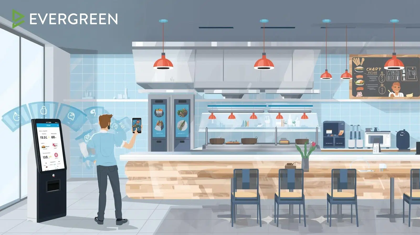 Restaurant technology dashboard showing social media and menu management tools — Evergreen