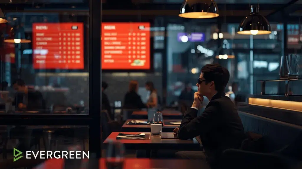 Photorealistic restaurant customer looking at a large glowing digital menu board