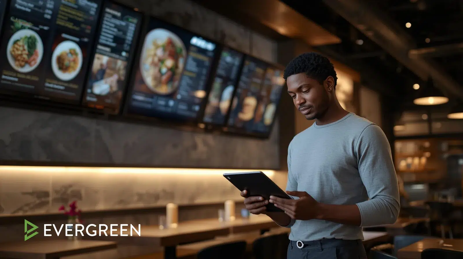 Modern restaurant interior with digital menu screens — Evergreen digital menu pricing plans