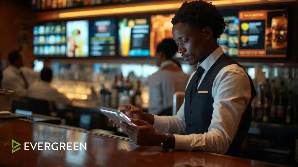 bar staff updating a digital menu on a tablet