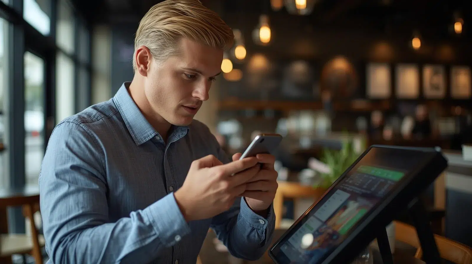 stylish restaurant using a smartphone