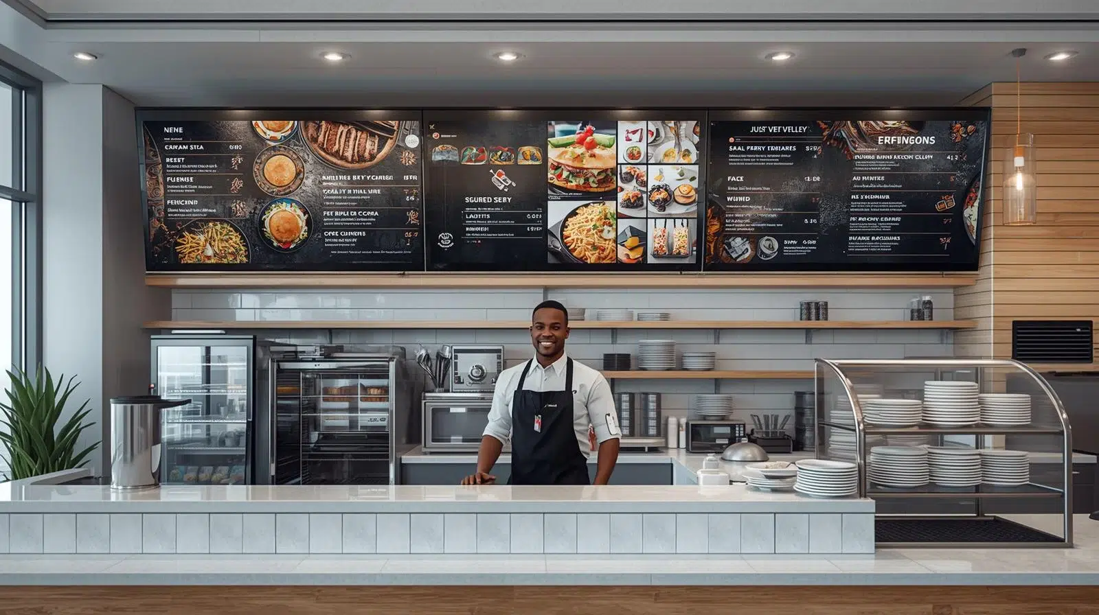 Restaurant interior with large digital signage displays — Evergreen digital menu board software