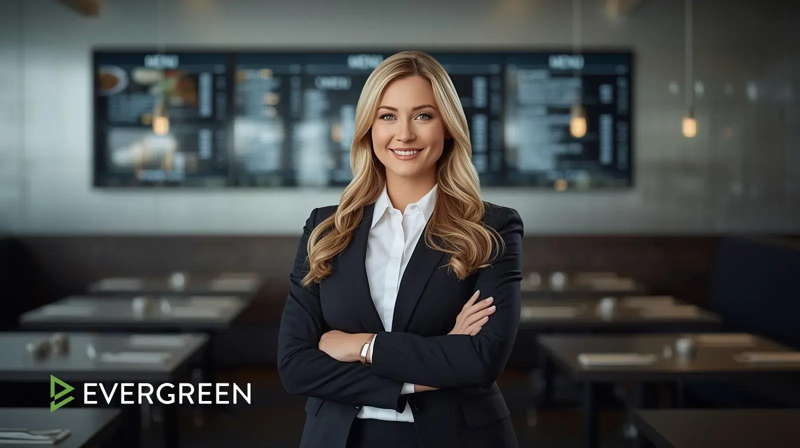 Restaurant manager in front of multiple digital menu boards — Evergreen digital menu features