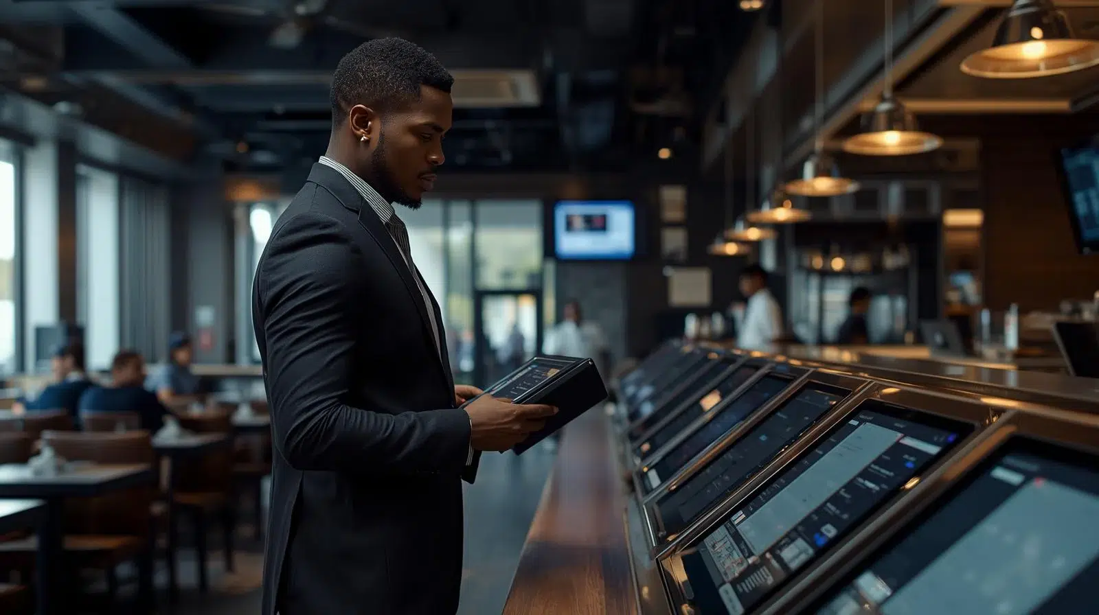 Restaurant manager with fully set up digital menu board software — Evergreen how it works