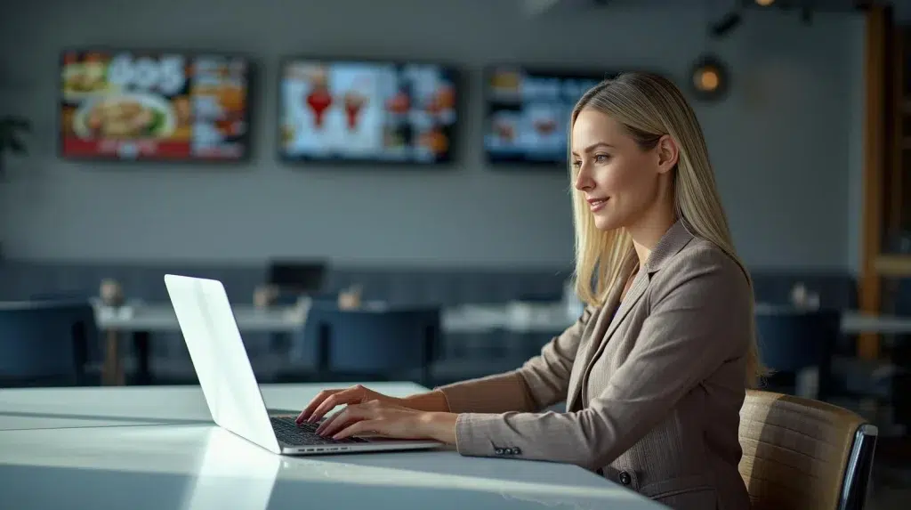 woman using a laptop to manage digital menu boards remotely