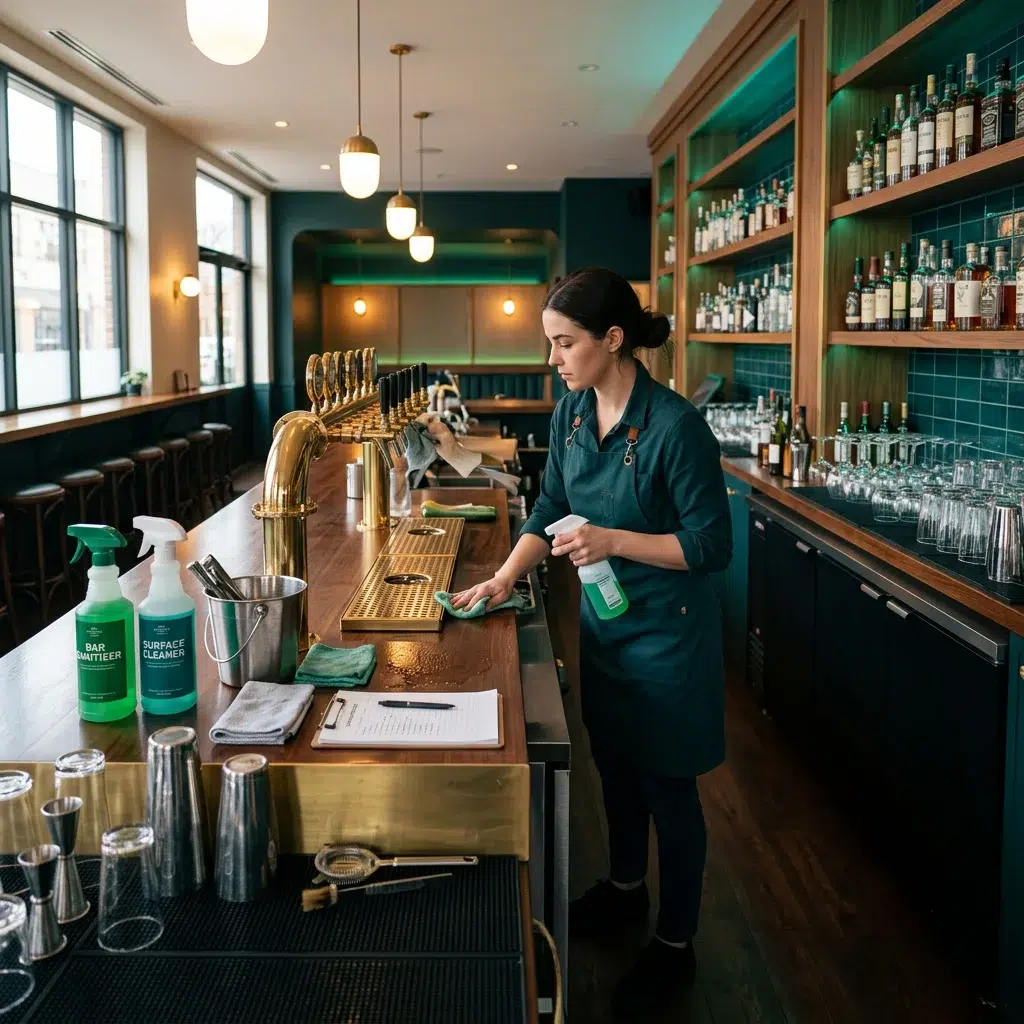 Bartender doing thorough bar maintenance and cleaning before opening service