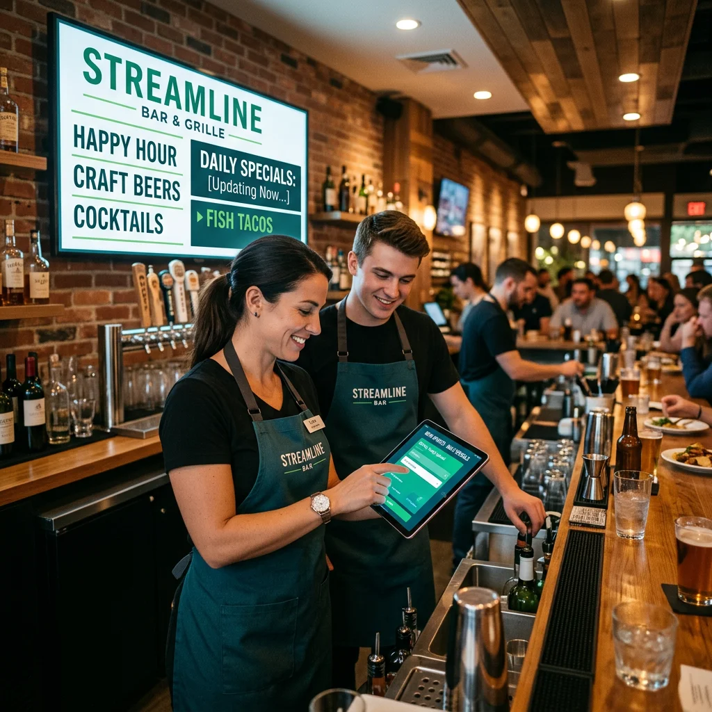 Restaurant staff updating specials on digital menu board system via tablet during service