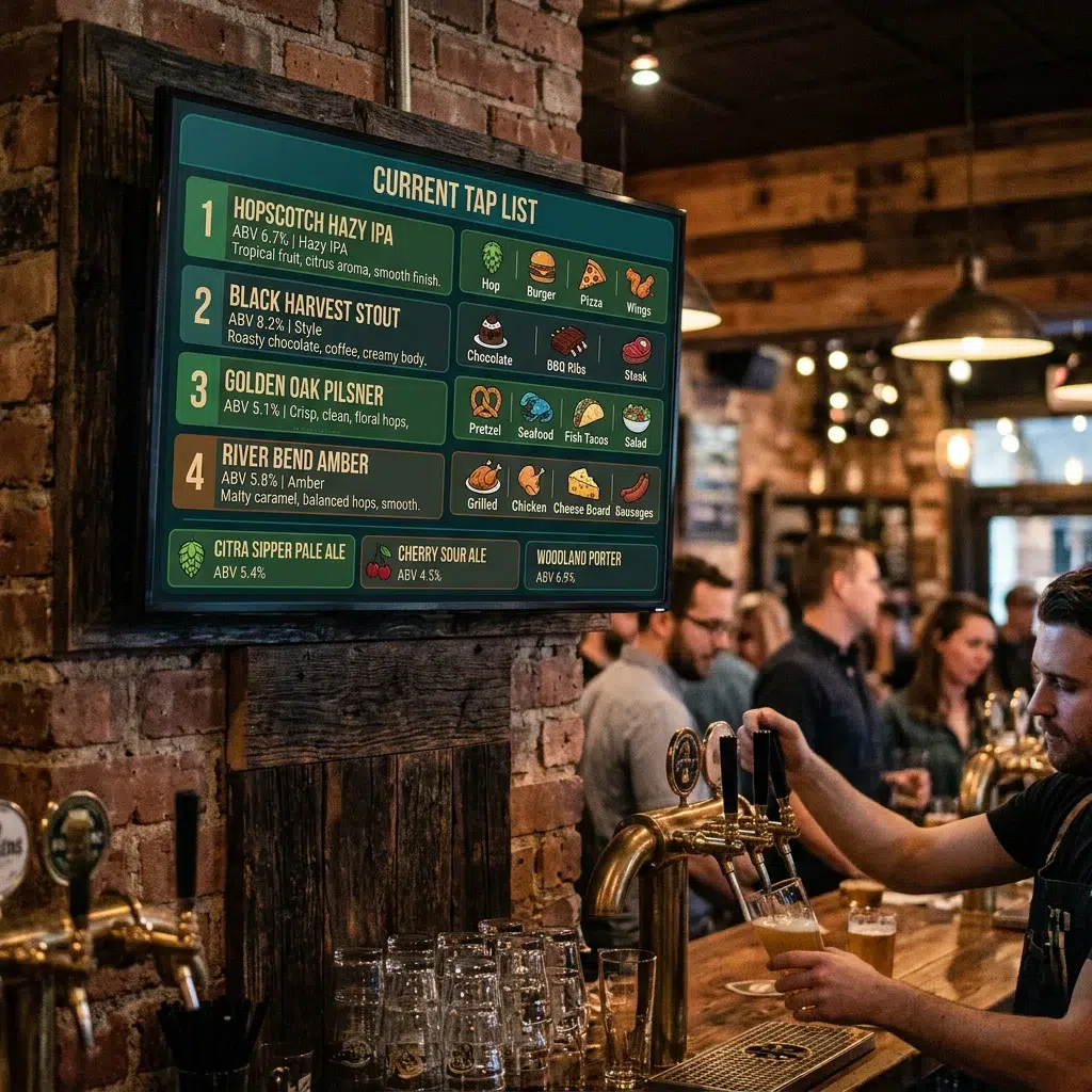 Digital craft beer tap list board showing beer names, styles and ABV