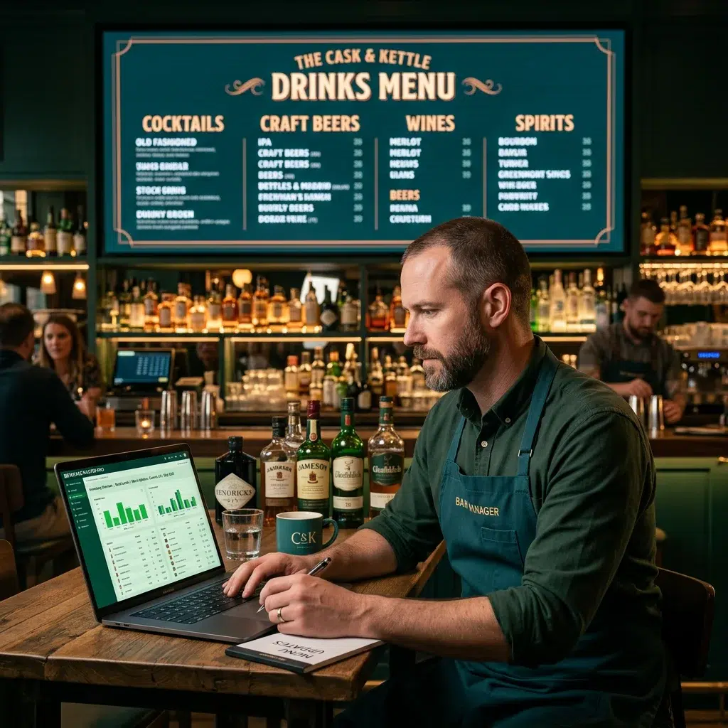 Bar manager reviewing digital beverage inventory and menu updates on laptop
