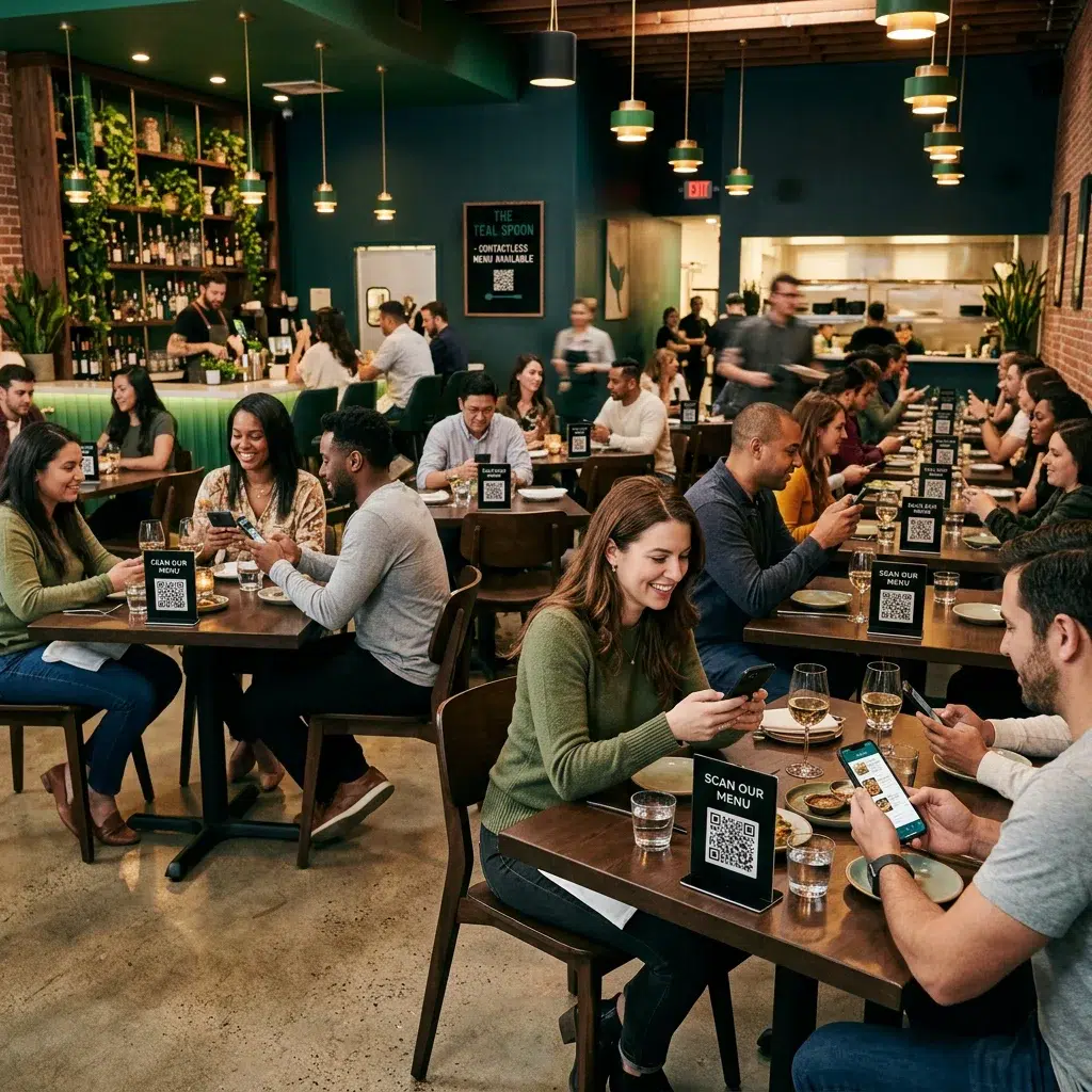 Restaurant guests browsing contactless digital menus on smartphones at their tables