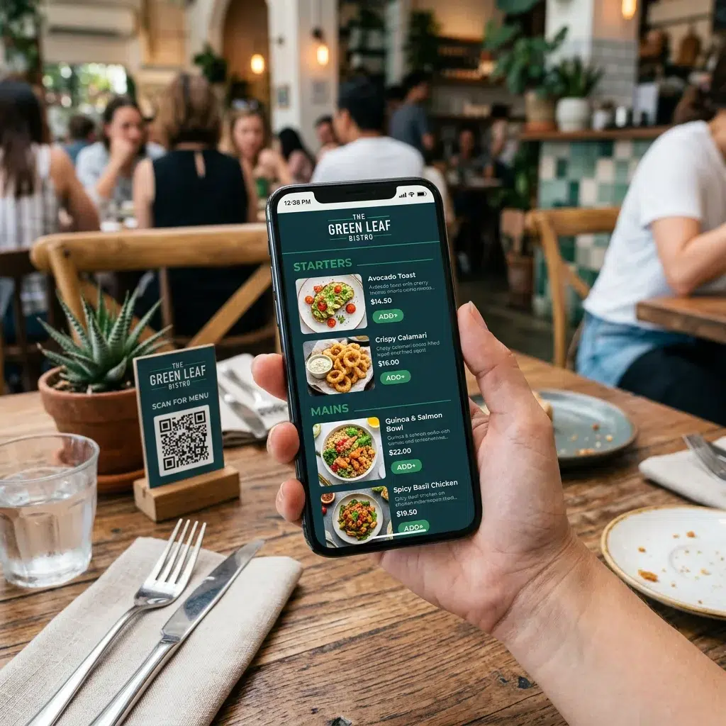 Smartphone showing contactless digital menu after QR code scan at restaurant table
