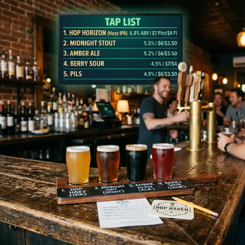 Beer flight on bar top with digital menu board showing craft beer descriptions and prices