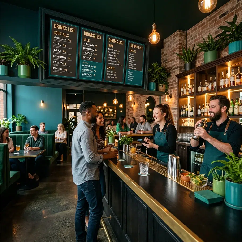 Modern bar with digital menu board displaying drinks list, staff confidently serving customers