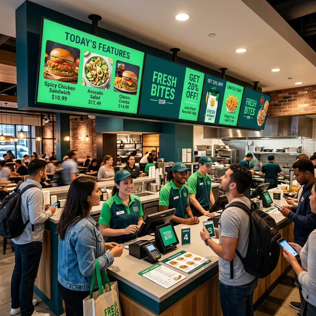 Restaurant counter with digital menu board overhead displaying featured items and promotions