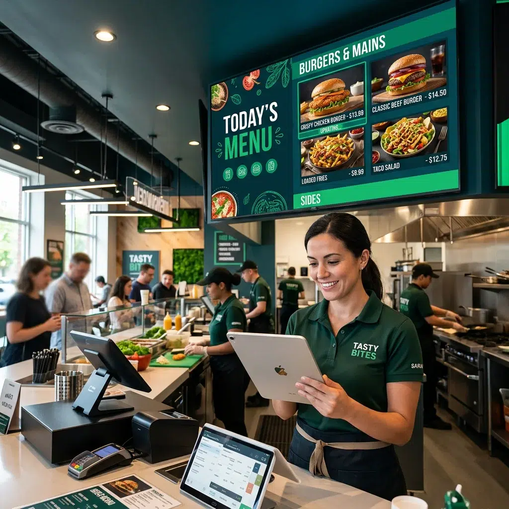 Restaurant manager updating digital menu board software on tablet in real time