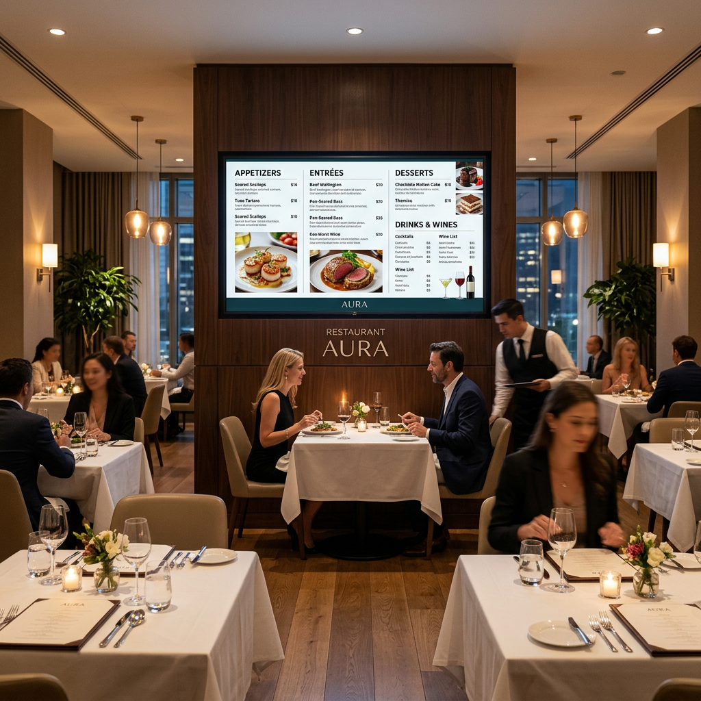 Digital menu boards for hotel restaurants displayed in elegant hotel dining room
