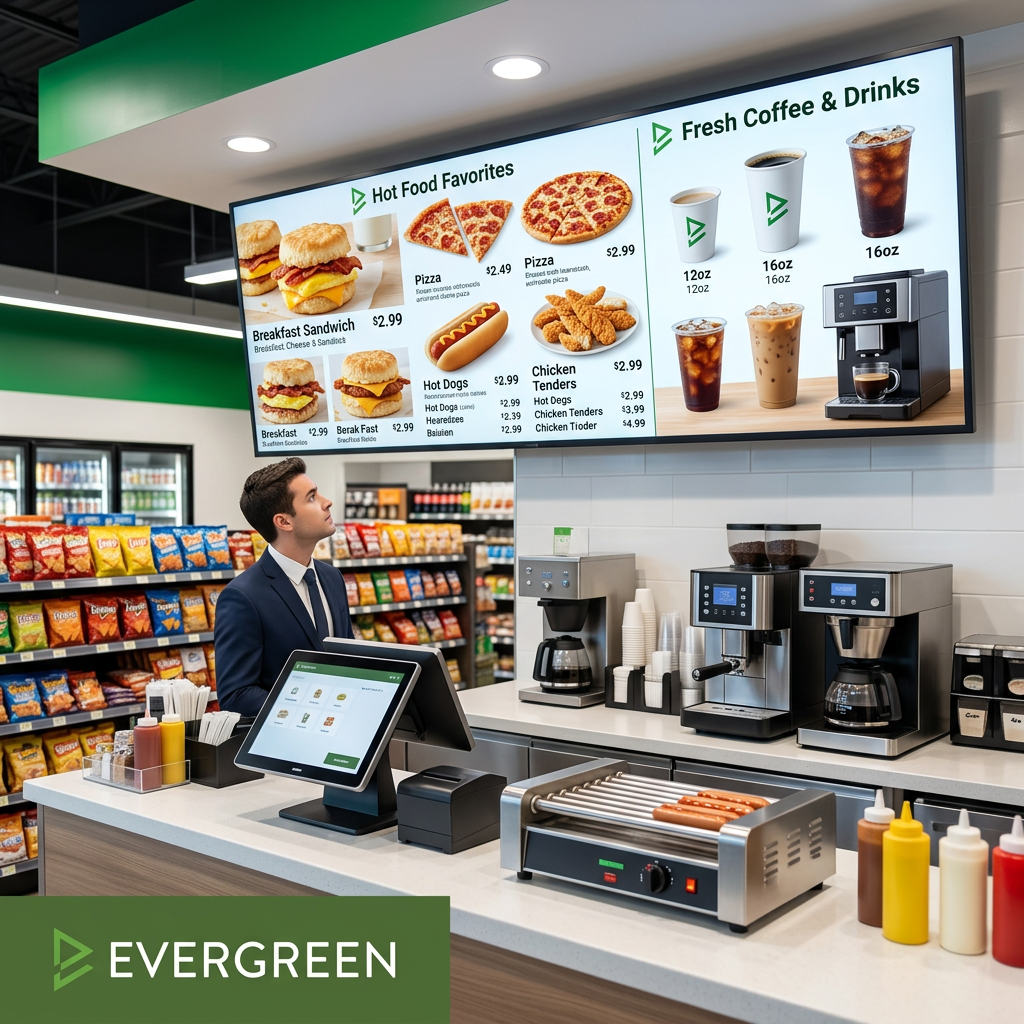 Gas station food counter digital menu board profit centers