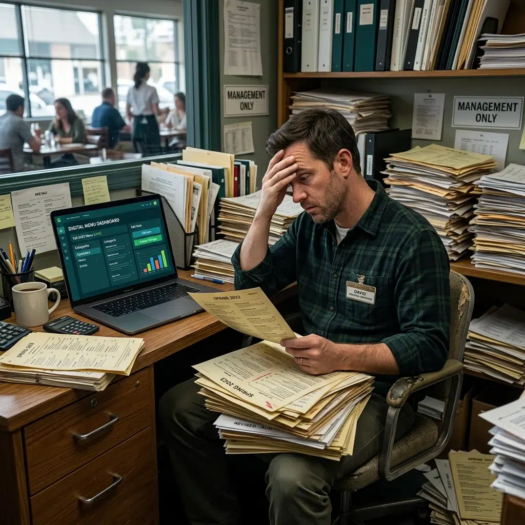 Restaurant manager surrounded by outdated printed menus next to clean digital menu dashboard