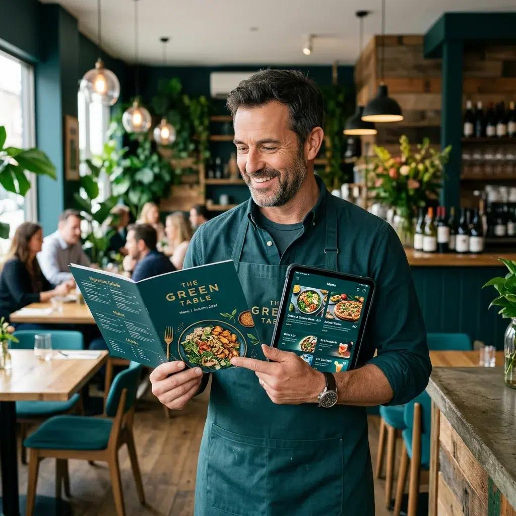 Restaurant owner comparing printed menu and digital menu tablet side by side