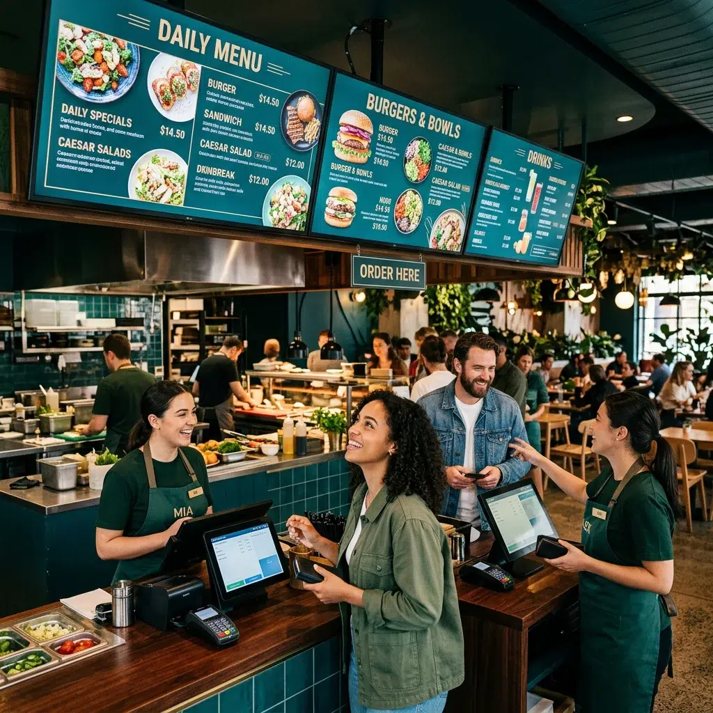 Modern restaurant counter with digital menu board overhead and customers ordering