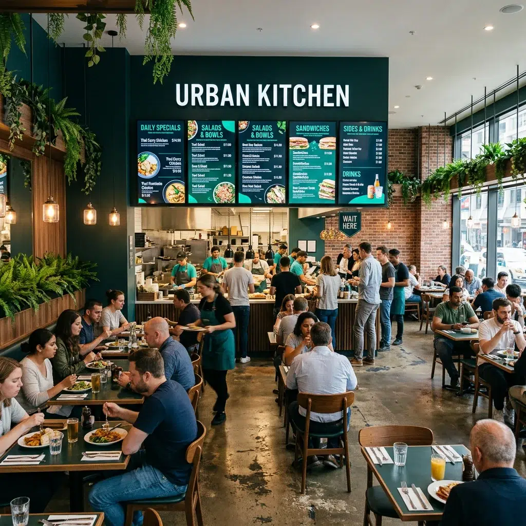 Restaurant interior with multiple digital menu boards during busy lunch service