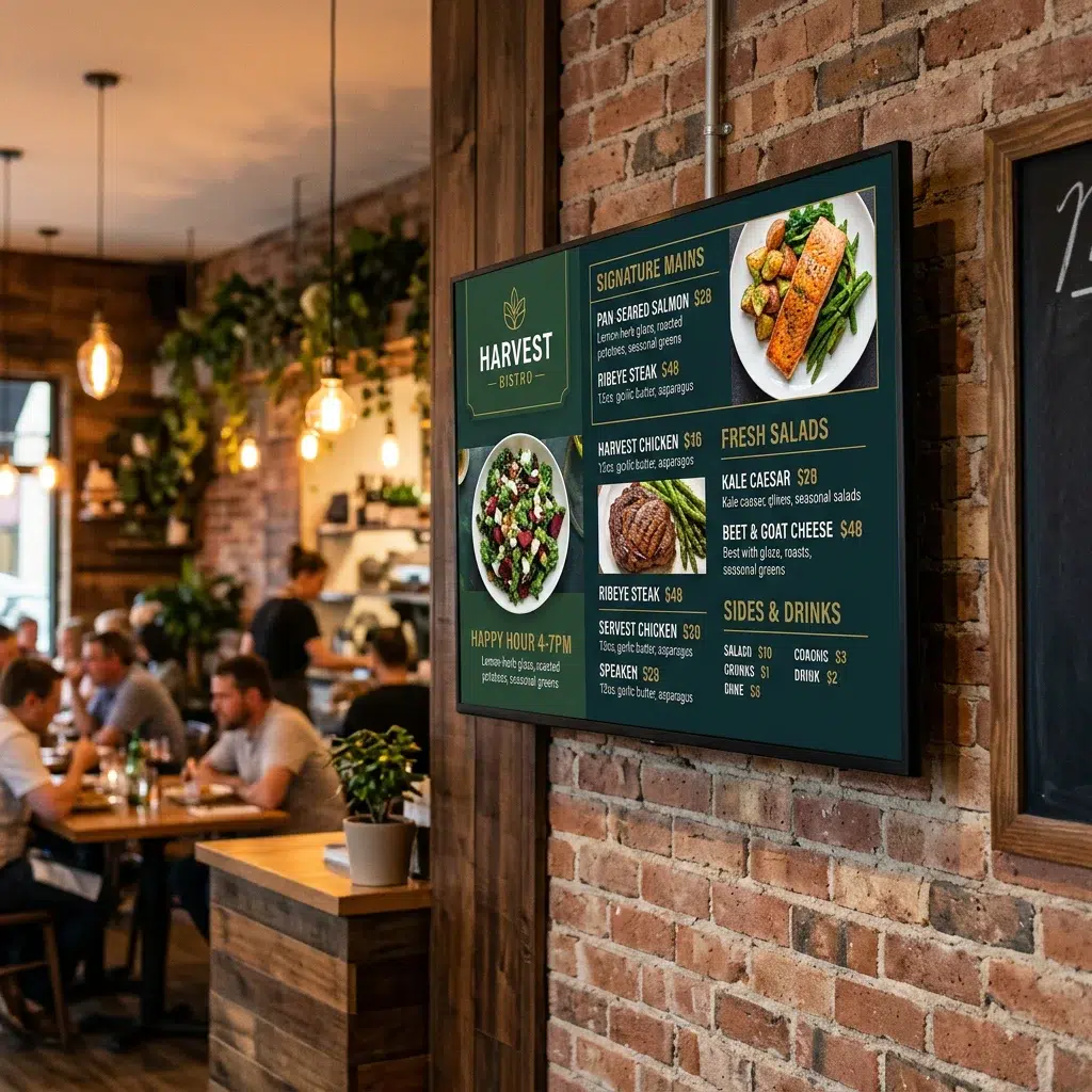 Mounted commercial display showing digital menu board in modern restaurant