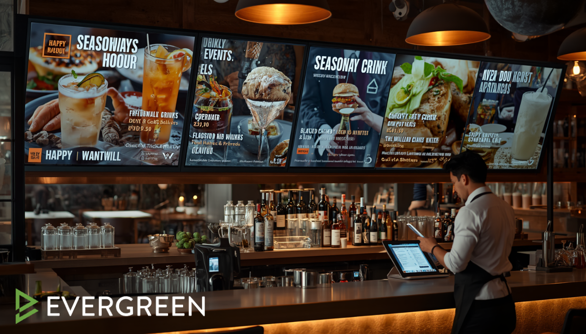 large digital menu screens displaying happy hour specials, seasonal drinks, weekly events, and food promotions.