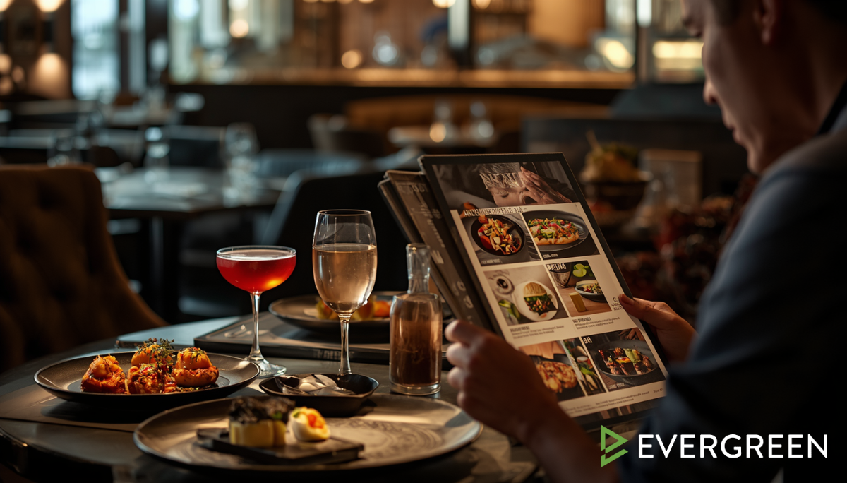 beautifully designed menu on a table beside plated gourmet food and cocktails