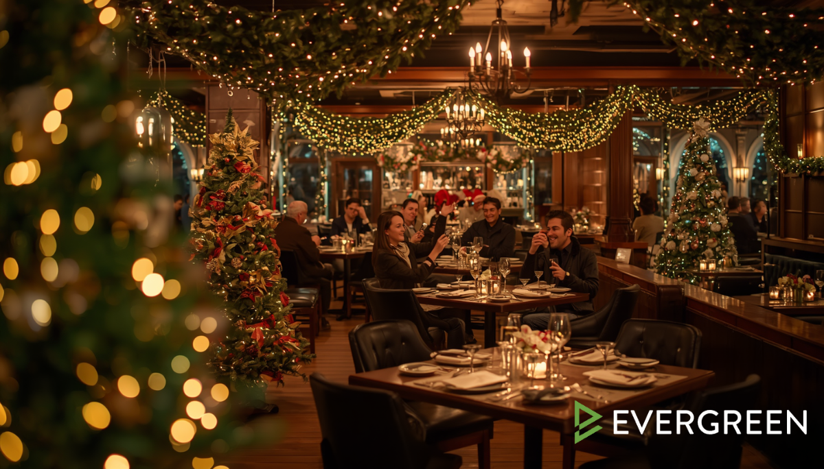 beautifully decorated American restaurant transformed for Christmas and winter with glowing Christmas trees, elegant garlands, warm string lights, and festive table centerpieces