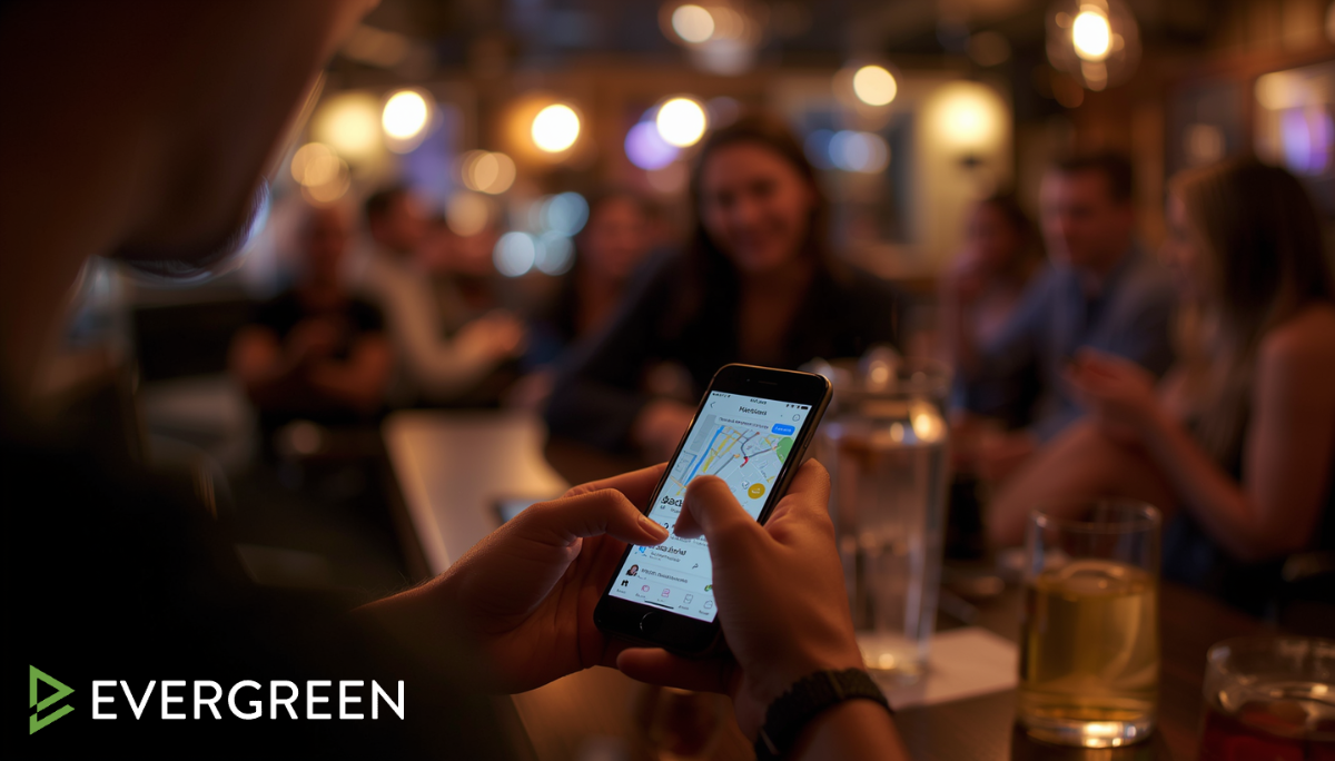 customer using a smartphone to search for nearby bars and restaurants