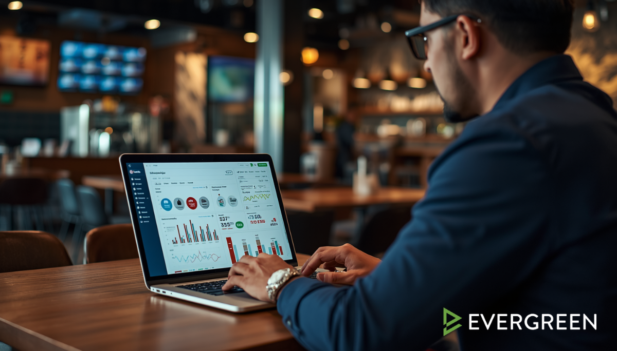 restaurant owner or marketing professional analyzing digital menu performance and customer insights on a laptop inside a contemporary restaurant office