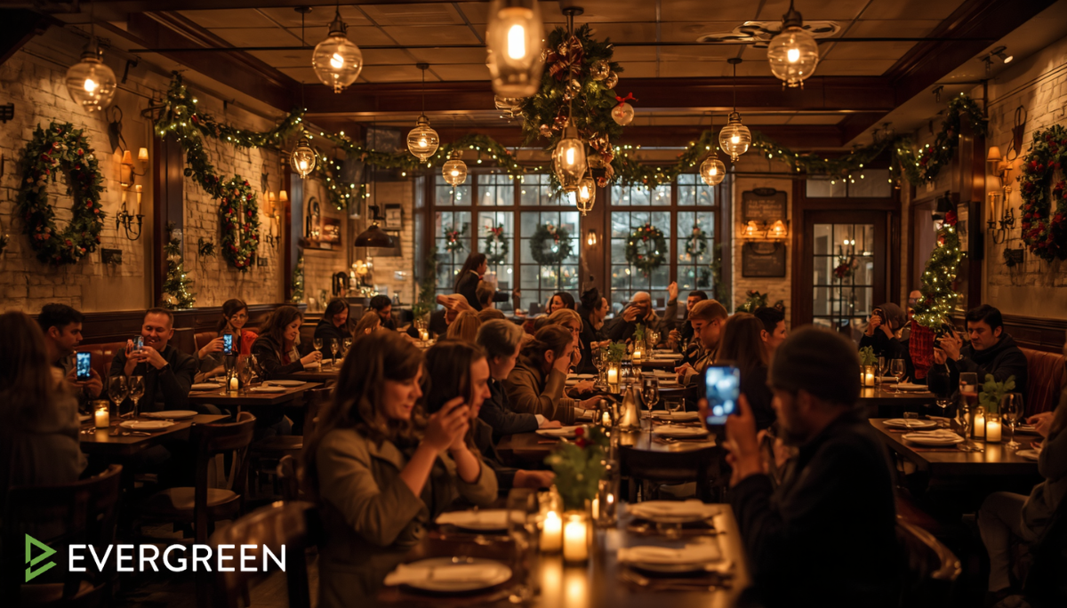 American restaurant interior decorated for the holidays with cozy lighting, wreaths, garlands, and seasonal decor
