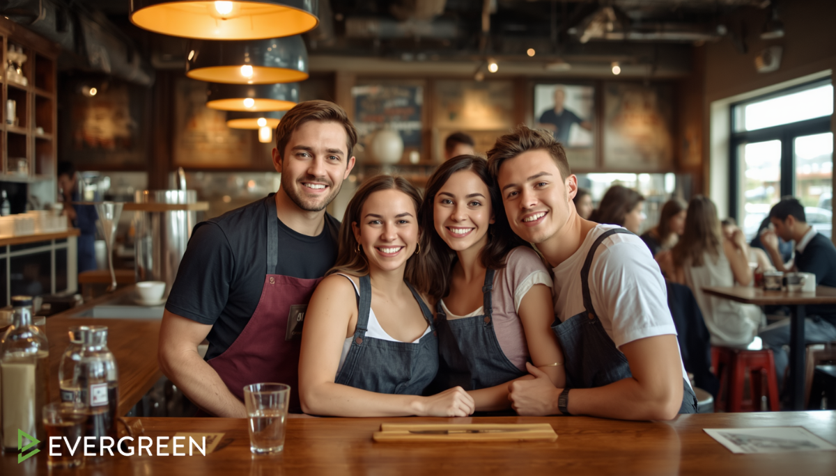 restaurant staff posing together behind the bar while smiling naturally for a social media photo