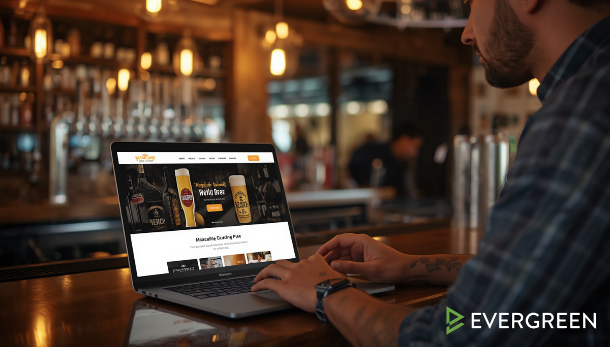 bar owner working on a sleek laptop inside a stylish craft beer bar