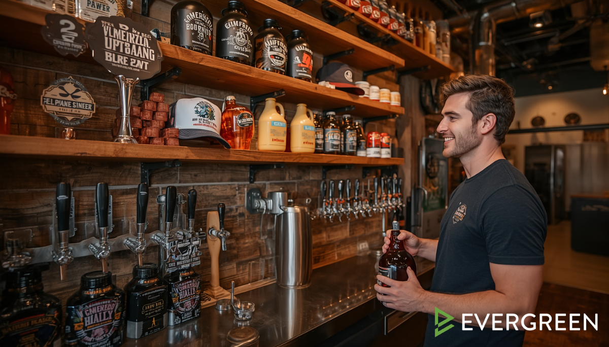 branded merchandise display inside an American craft beer bar