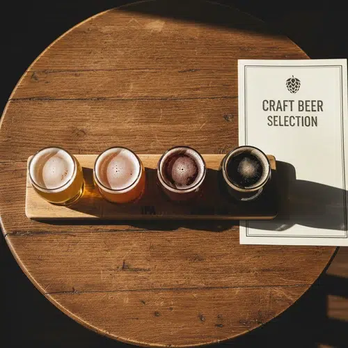 digital beer menu — craft beer flight tasting paddle with four beers next to a printed craft beer selection menu
