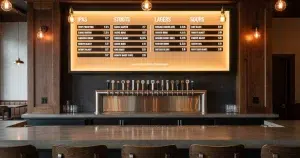 digital beer menu — wall-mounted digital menu board displaying craft beer categories and prices in a taproom