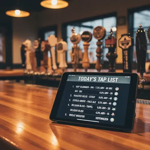 digital beer menu — tablet on bar counter showing today's tap list with beer names, ABV and IBU details