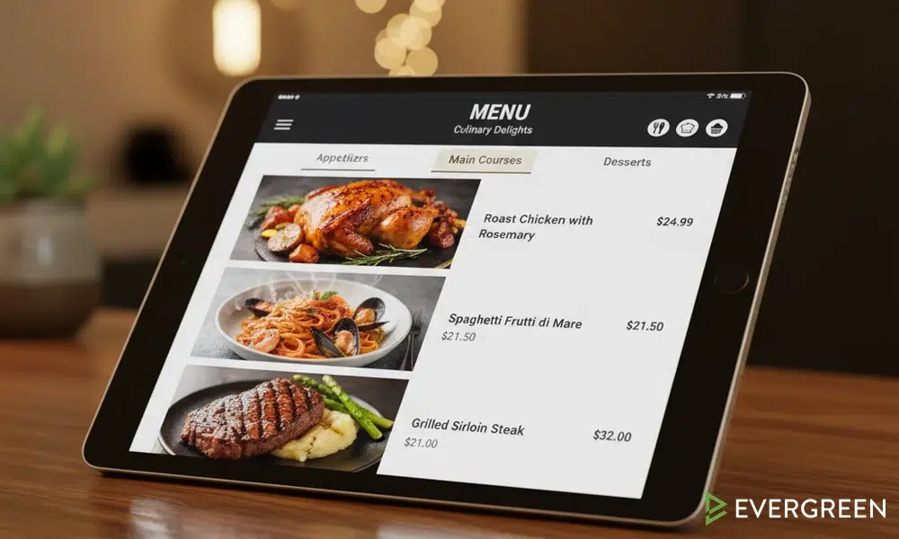 Digital menu board showing menu engineering layout on tablet screen