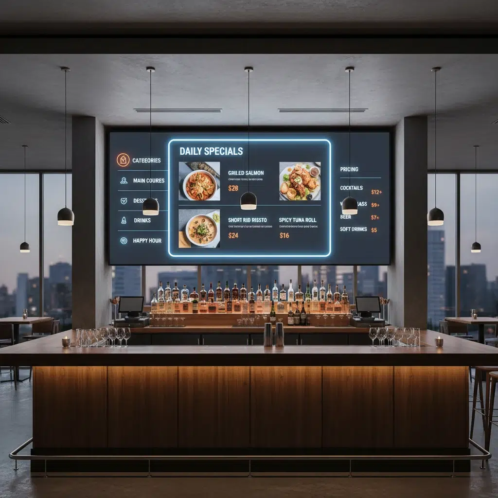 Winter cocktail menu on digital bar menu board
