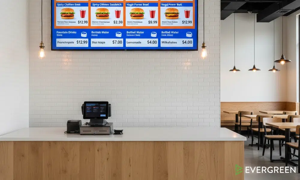 Restaurant digital signage software showing menu display on wall screen