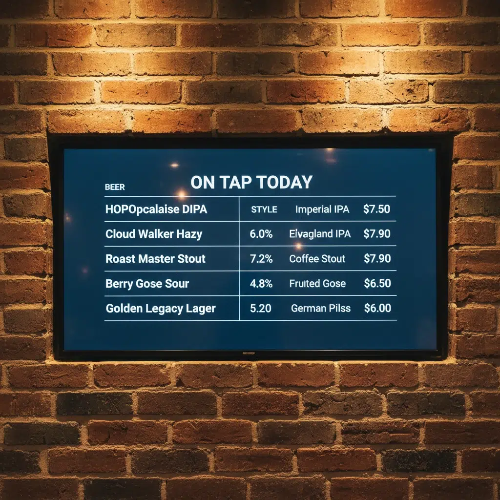 Digital tap list display used for craft beer training