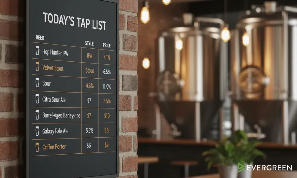 Modern brewery interior featuring large digital menu boards displaying craft beer selections and special offers