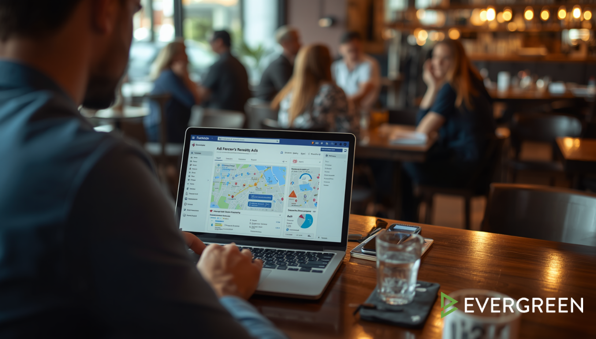 restaurant owner or marketing manager using Facebook Ads on a laptop while inside a modern café or bar