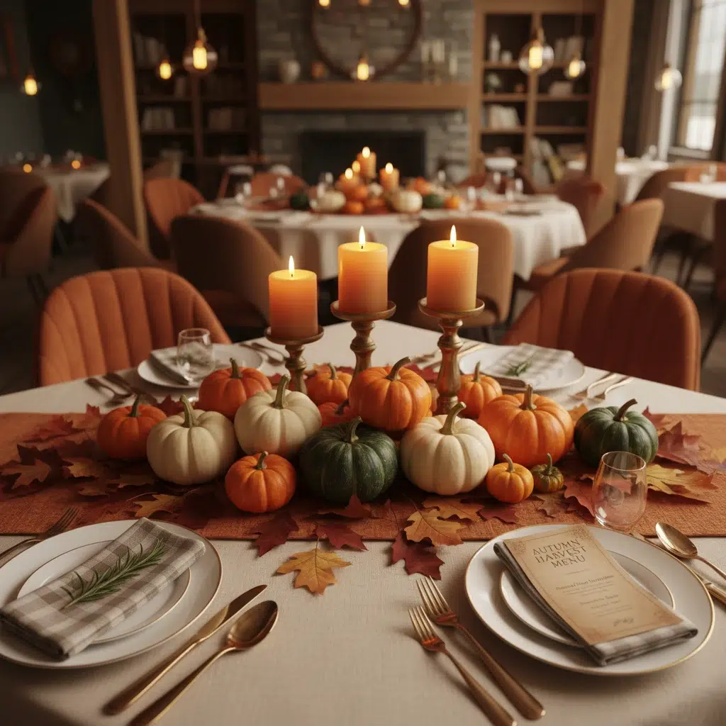 Fall restaurant ideas with seasonal table decor and pumpkins