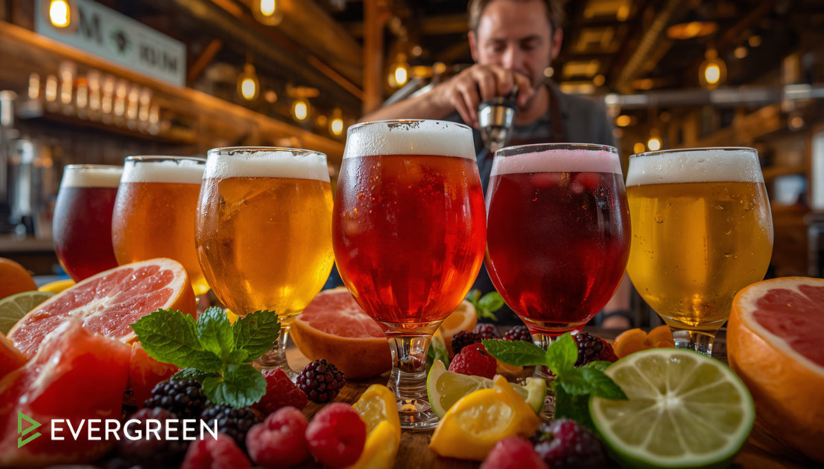 colorful craft beers infused with fruit ingredients inside a trendy American brewery