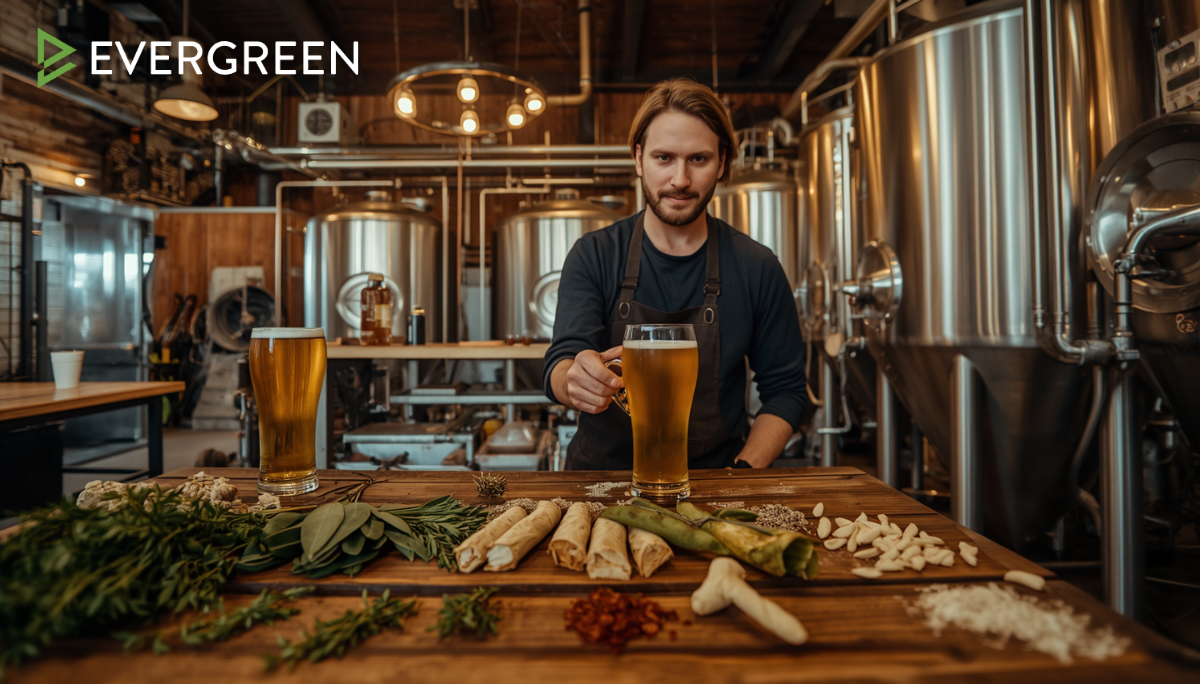craft brewer in a modern brewery experimenting with herbs and spices for beer making