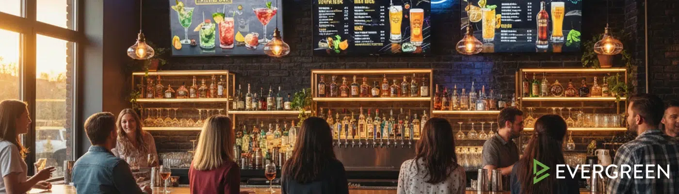Increase bar revenue with Evergreen digital menu boards — Start Free Trial or Book a Demo