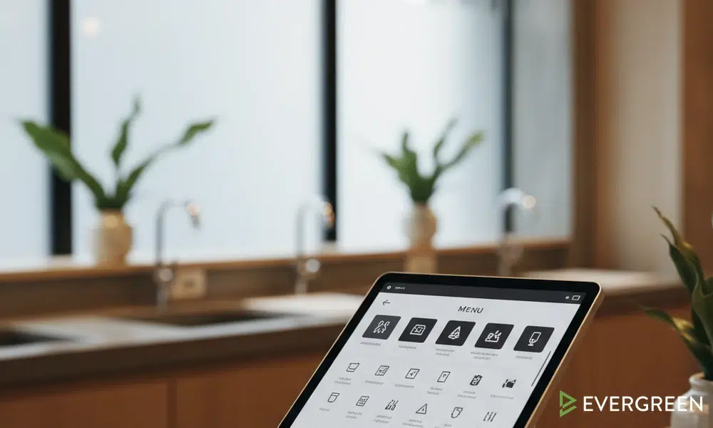 Digital menu board tablet interface at restaurant counter